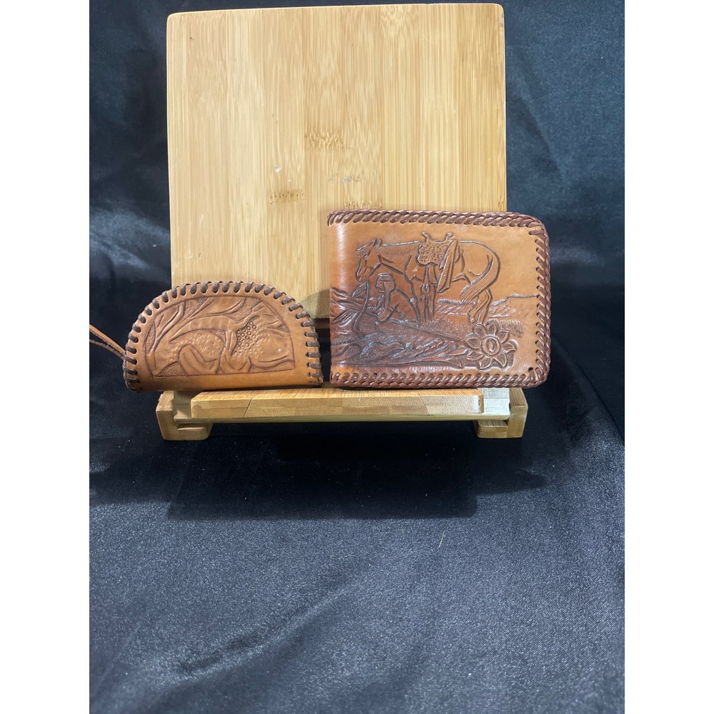 Vintage Hand Tooled Leather Western Wallet and‎ Coin Purse Set Horse Cowboy Tan